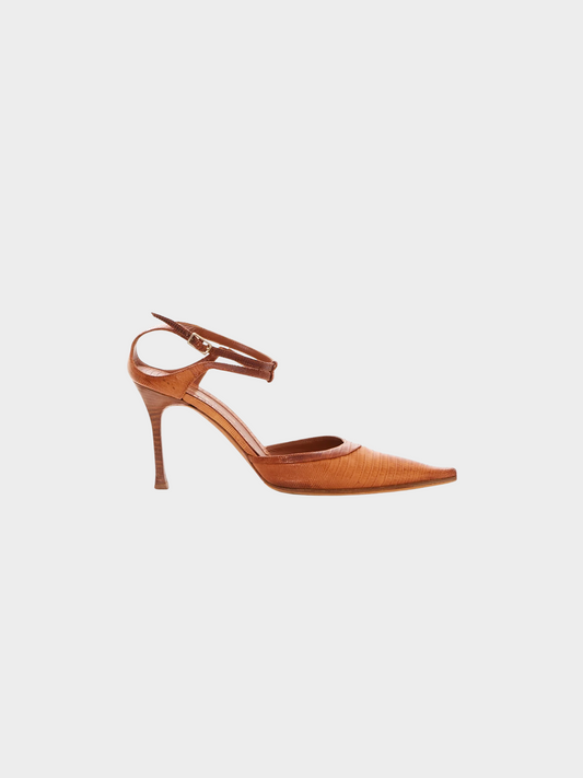 Sergio Rossi 2000s Brown Lizard Leather Pointed Toe Ankle Strap Sandals