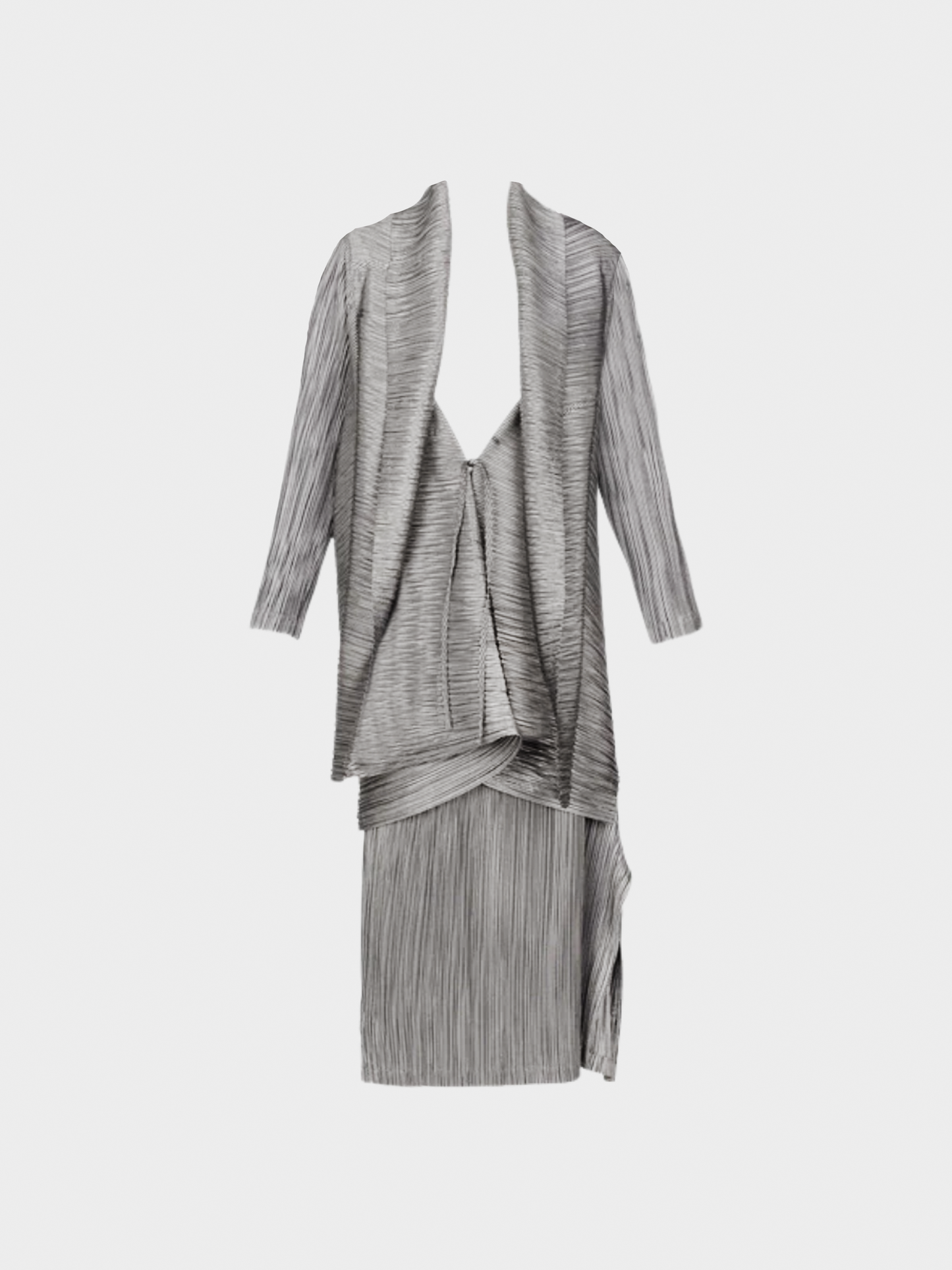 Issey Miyake 1990s Grey Metallic Kimono Jacket Origami Pleats Skirt Set