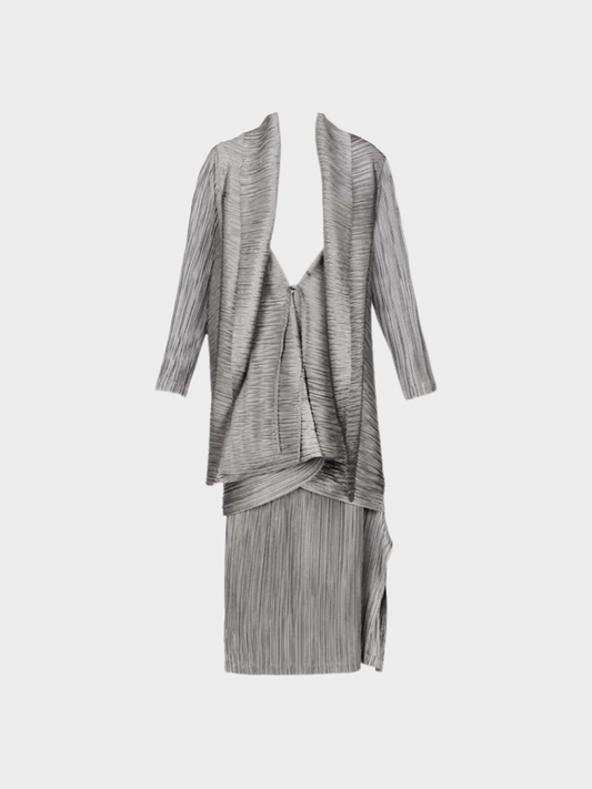 Issey Miyake 1990s Grey Metallic Kimono Jacket Origami Pleats Skirt Set