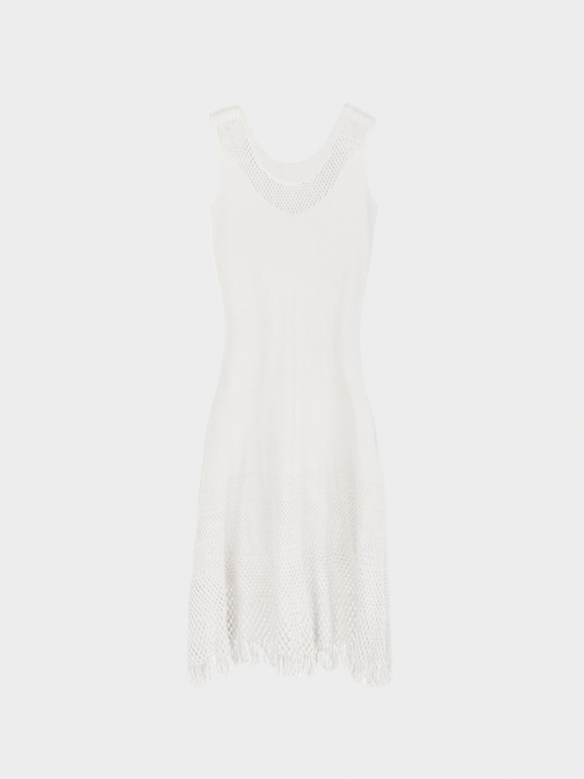 Issey Miyake Fete 2000s Grey Mesh-Knit Fringe-Hem Maxi Dress