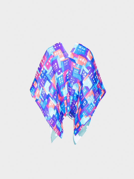 Issey Miyake Pleats Please 2000s Blue Streetscape-Print Shawl