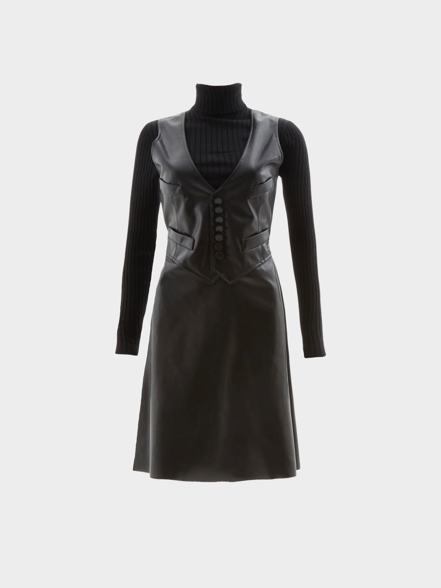 Jean Paul Gaultier 2000s Black Vegan Leather and Ribbed Knit Wool Dress