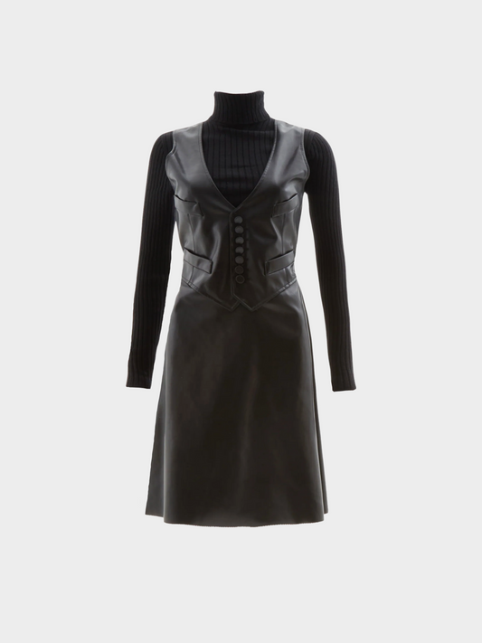 Jean Paul Gaultier 2000s Black Vegan Leather and Ribbed Knit Wool Dress