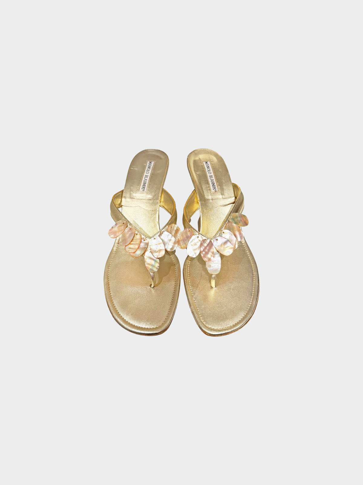 Manolo Blahnik 2000s Metallic Gold Mother of Pearl Kitten Heels