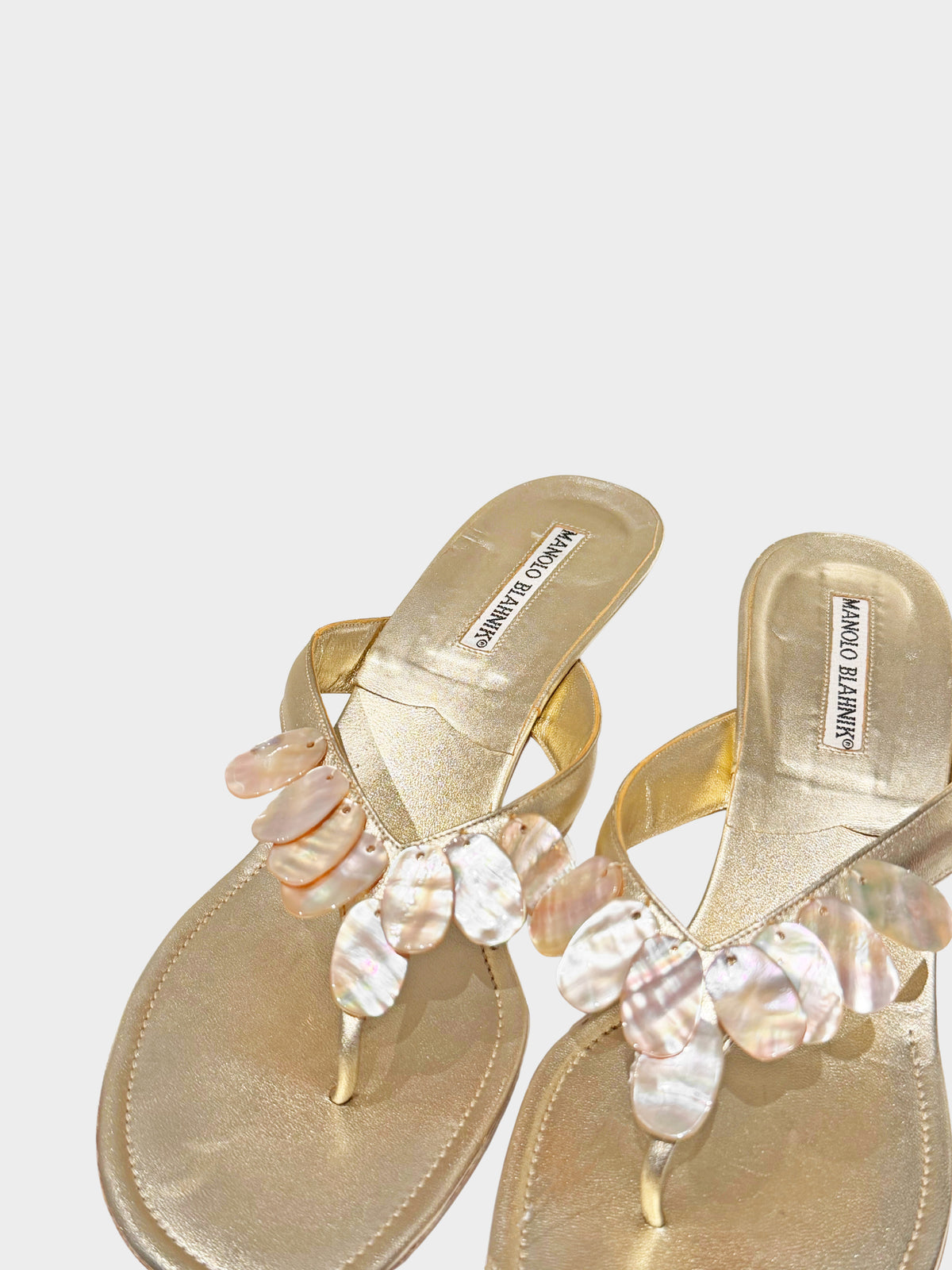 Manolo Blahnik 2000s Metallic Gold Mother of Pearl Kitten Heels