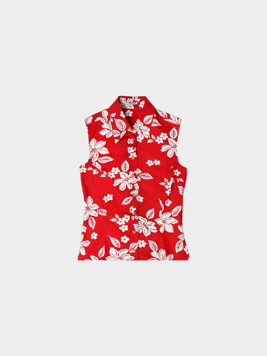 Miu Miu SS 2003 Red Hibiscus Floral Buttoned Up Top