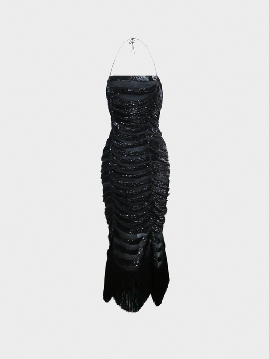 Moschino 1990s Black Beaded Halter Dress