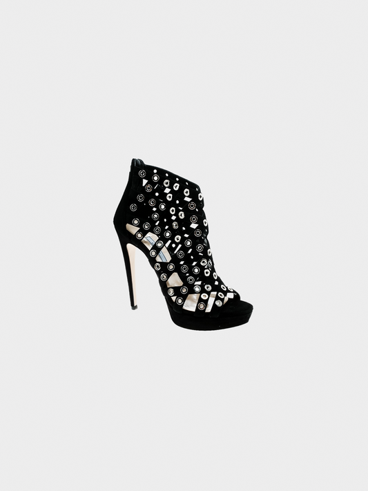 Prada 2000s Black Suede Eyelet Detail Platform Cage Booties