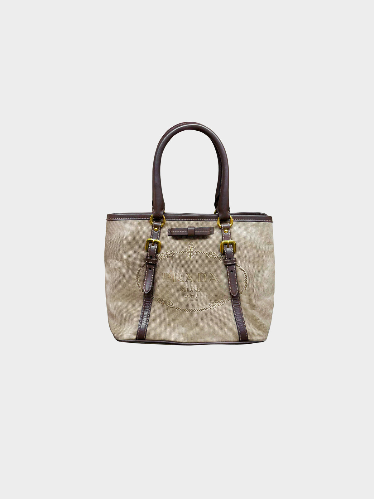 Prada 2014 Brown Jacquard Logo Canvas and Leather Handbag