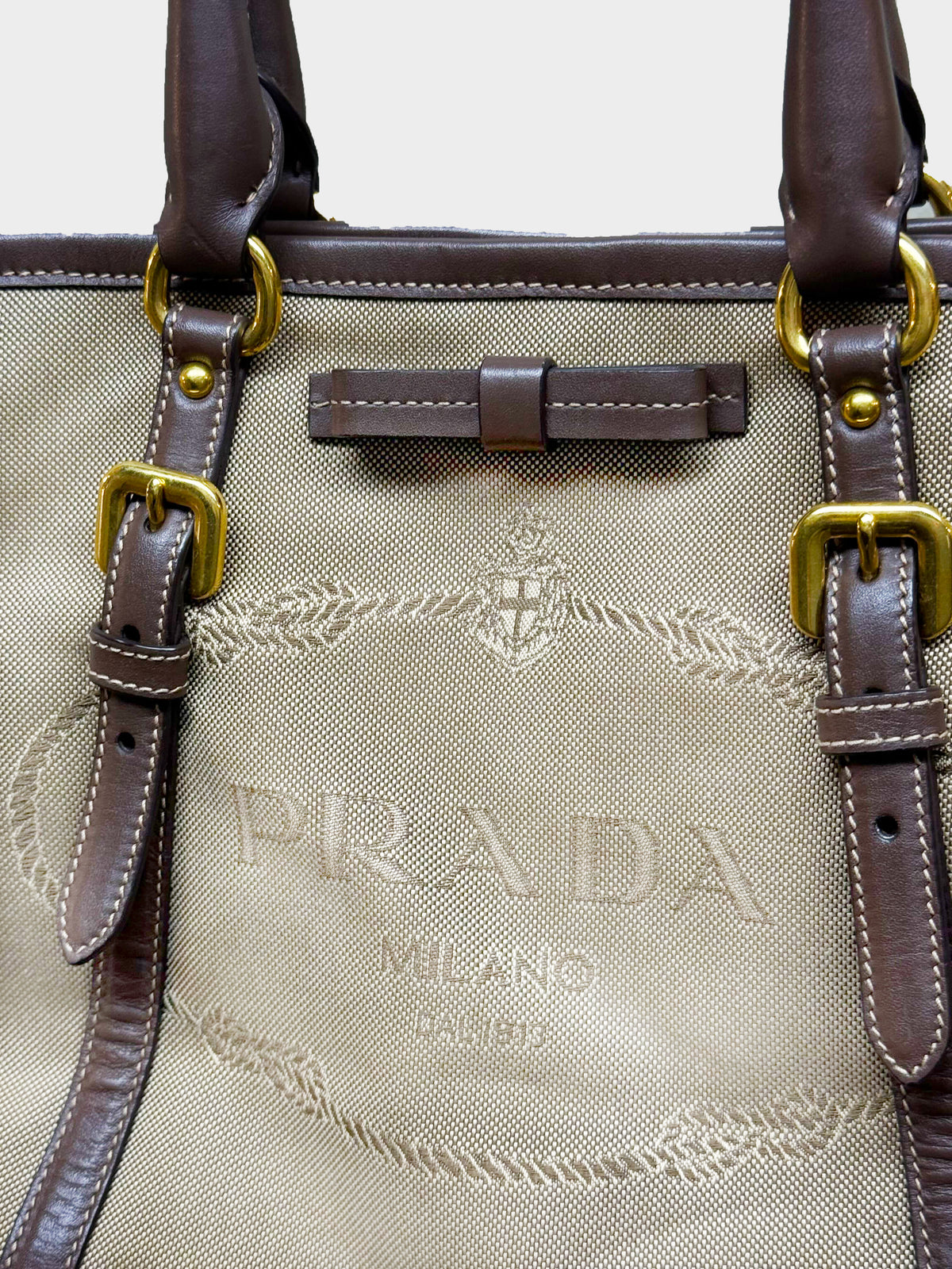 Prada 2014 Brown Jacquard Logo Canvas and Leather Handbag