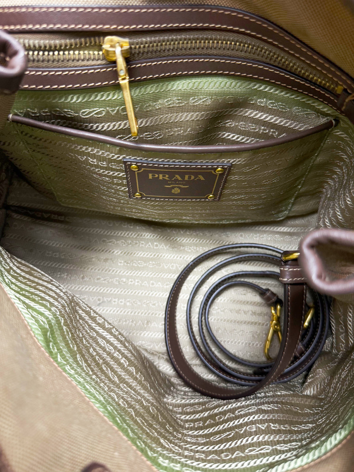 Prada 2014 Brown Jacquard Logo Canvas and Leather Handbag