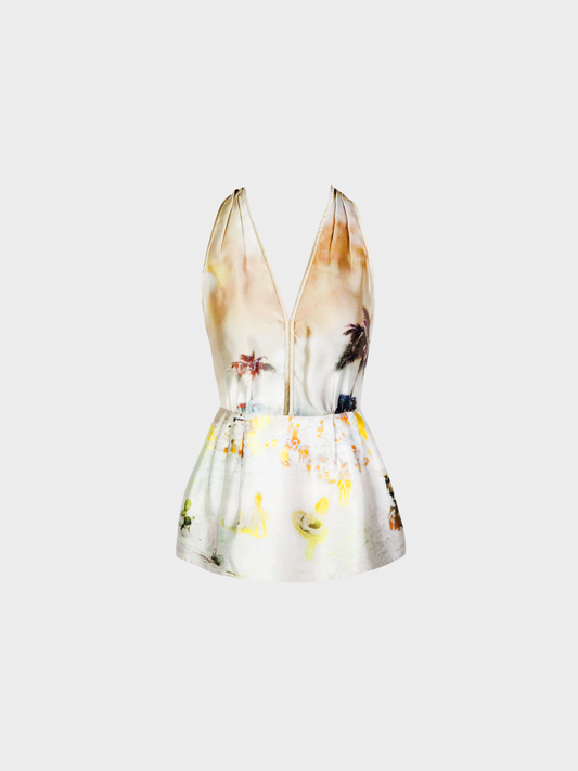 Prada SS 2010 Runway Silk Beach Print Plunge Neck Top