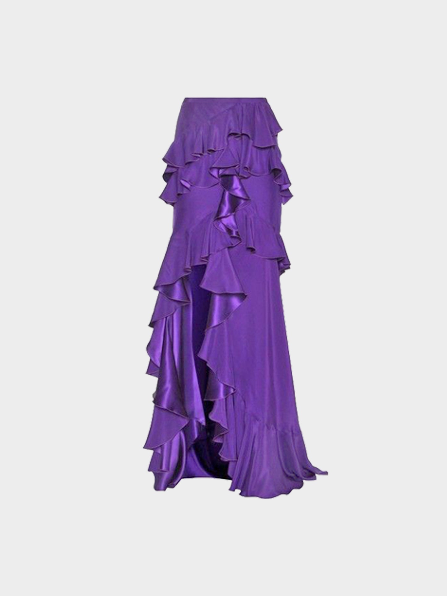 Roberto Cavalli 2000s Purple Silk Satin Ruffled Flounce Long Skirt