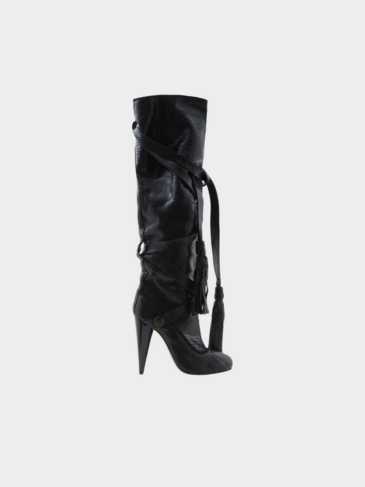 John Galliano 20000s Black Snakeskin Cone Heel Boots