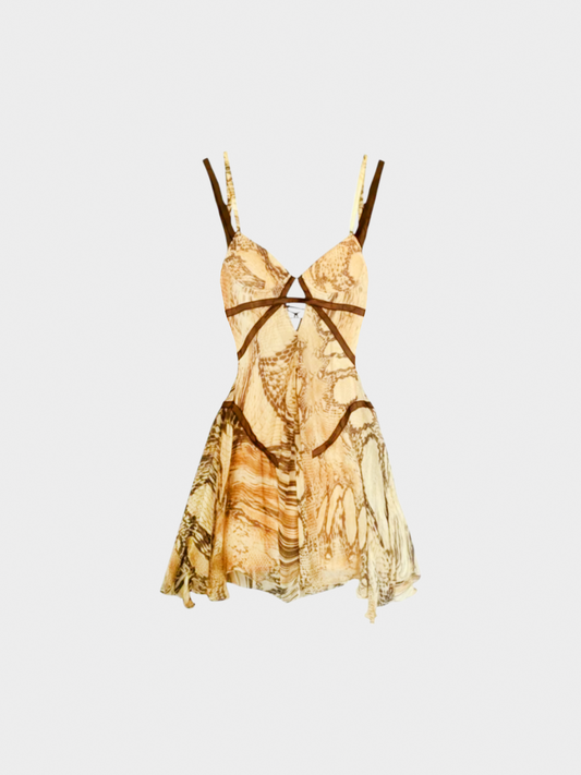 Roberto Cavalli 2010s Reptile Print Silk Keyhole Mini Dress
