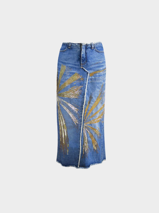 Roberto Cavalli SS 2001 Blue Distressed and Beaded Denim Maxi Skirt