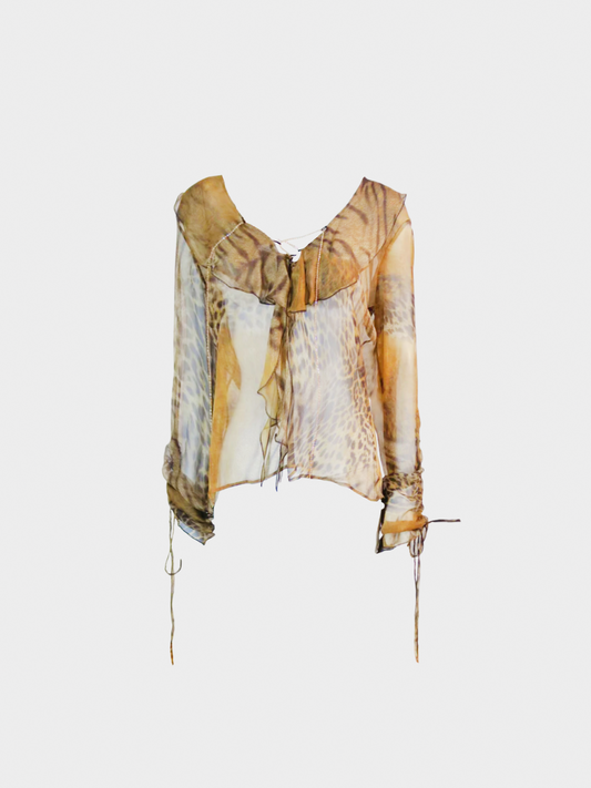 Roberto Cavalli 2000s Brown Sheer Ruffle Tie Up Top
