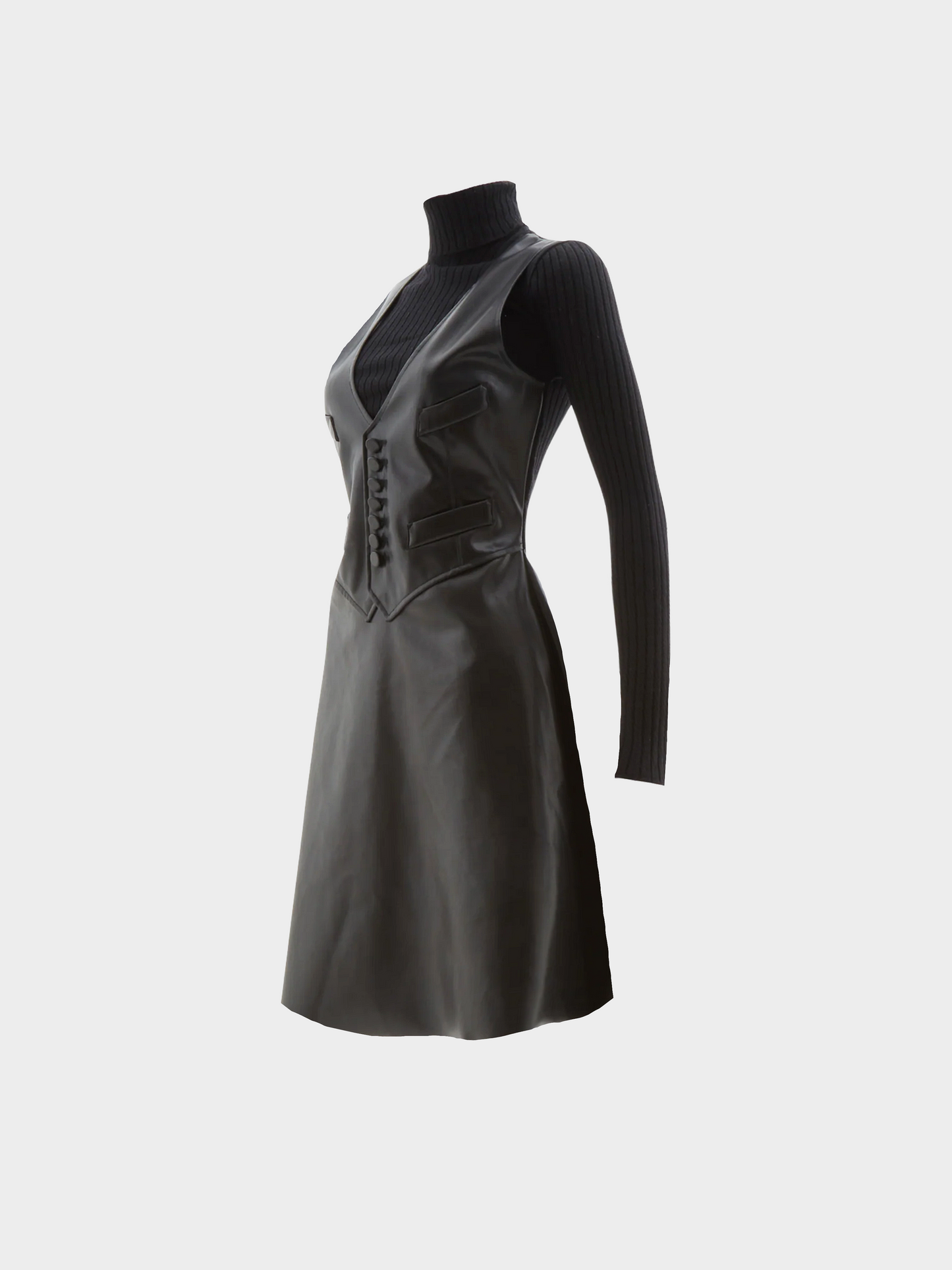 Jean Paul Gaultier 2000s Black Vegan Leather and Ribbed Knit Wool Dress