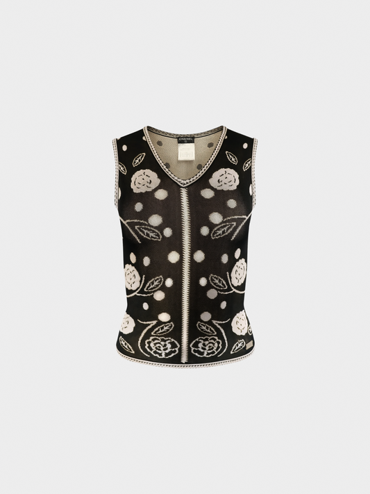 Chanel SS 2002 Black and Beige Printed Knit Logo Sweater Vest