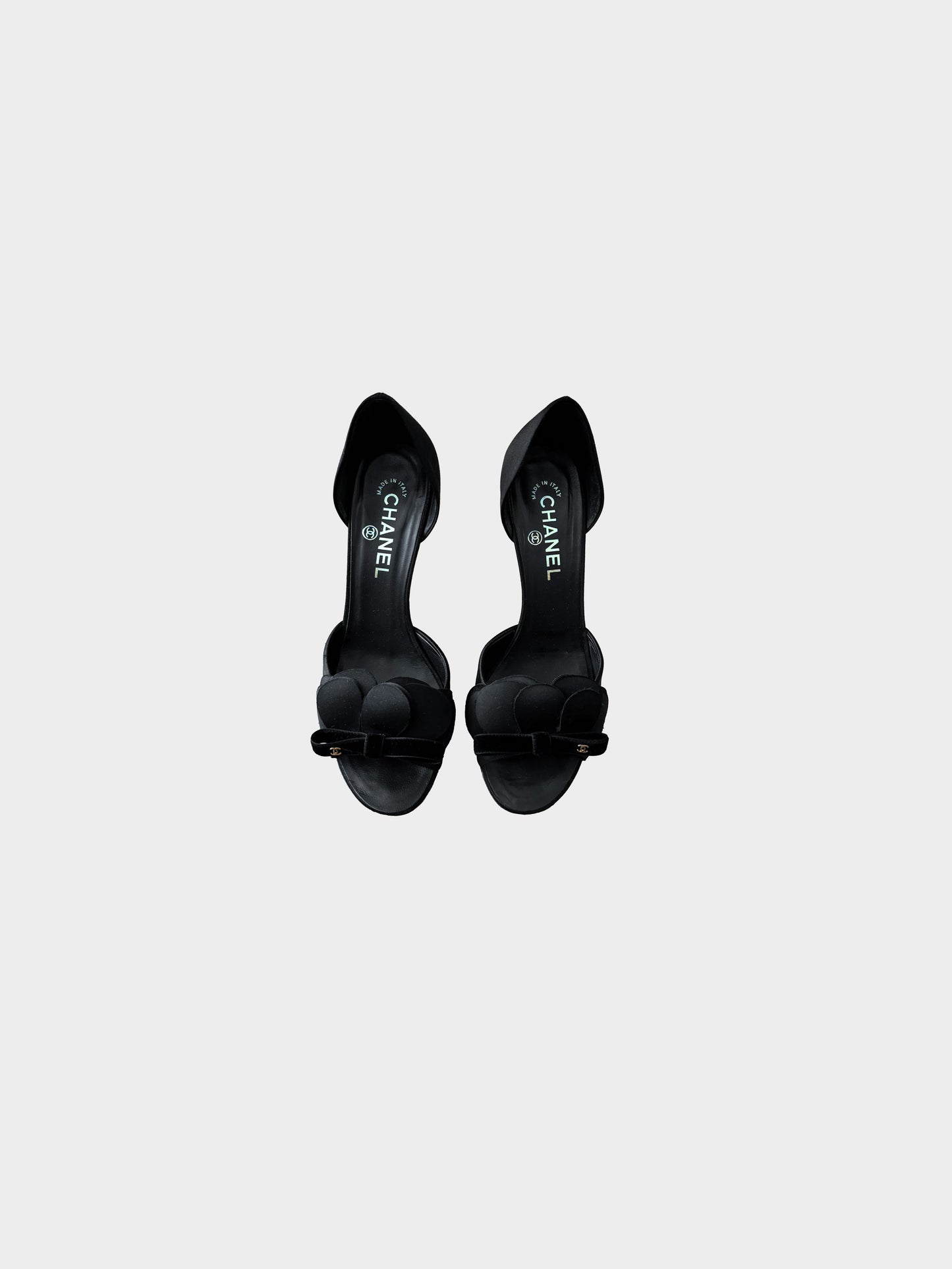 Chanel 2009 Camellia Black Satin Heels
