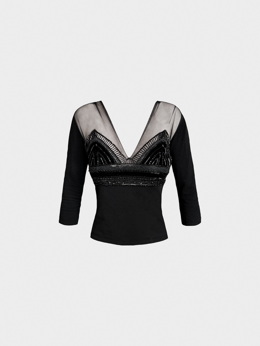 Valentino 2000s Black Wool Mesh Beaded Top