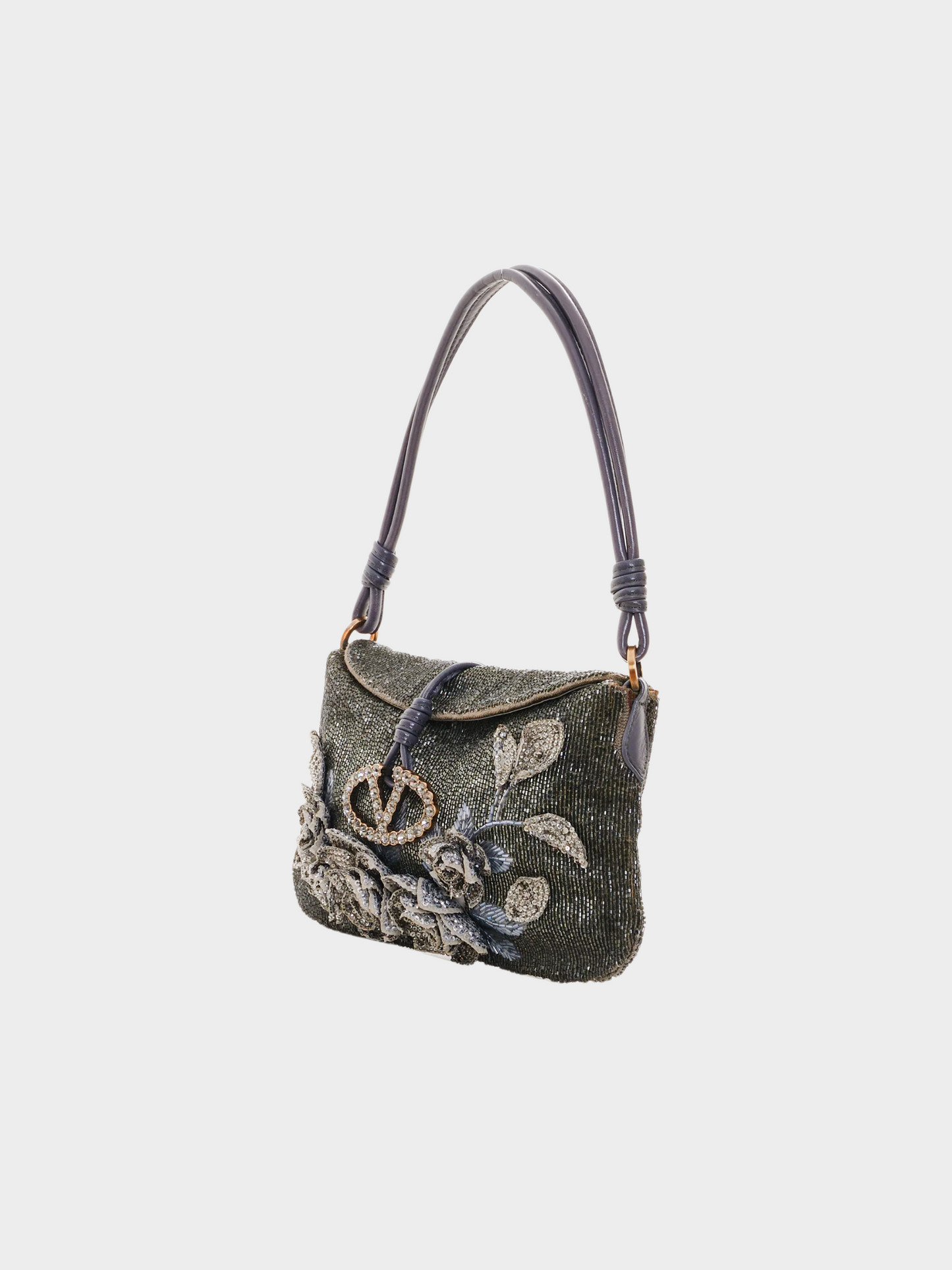 Valentino 2000s Grey Beaded and Embroidered Satin Evening Shoulder Bag