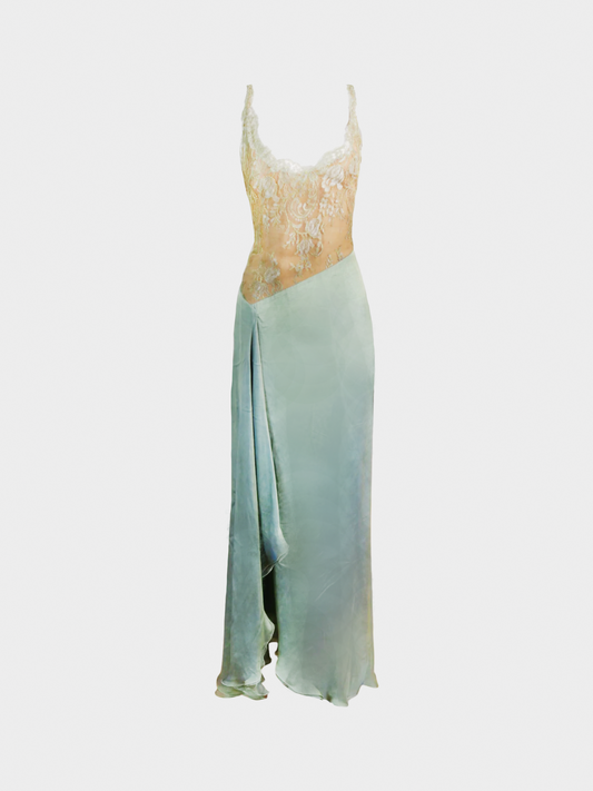 Valentino 2000s Turquoise Green Nude Lace Maxi Dress