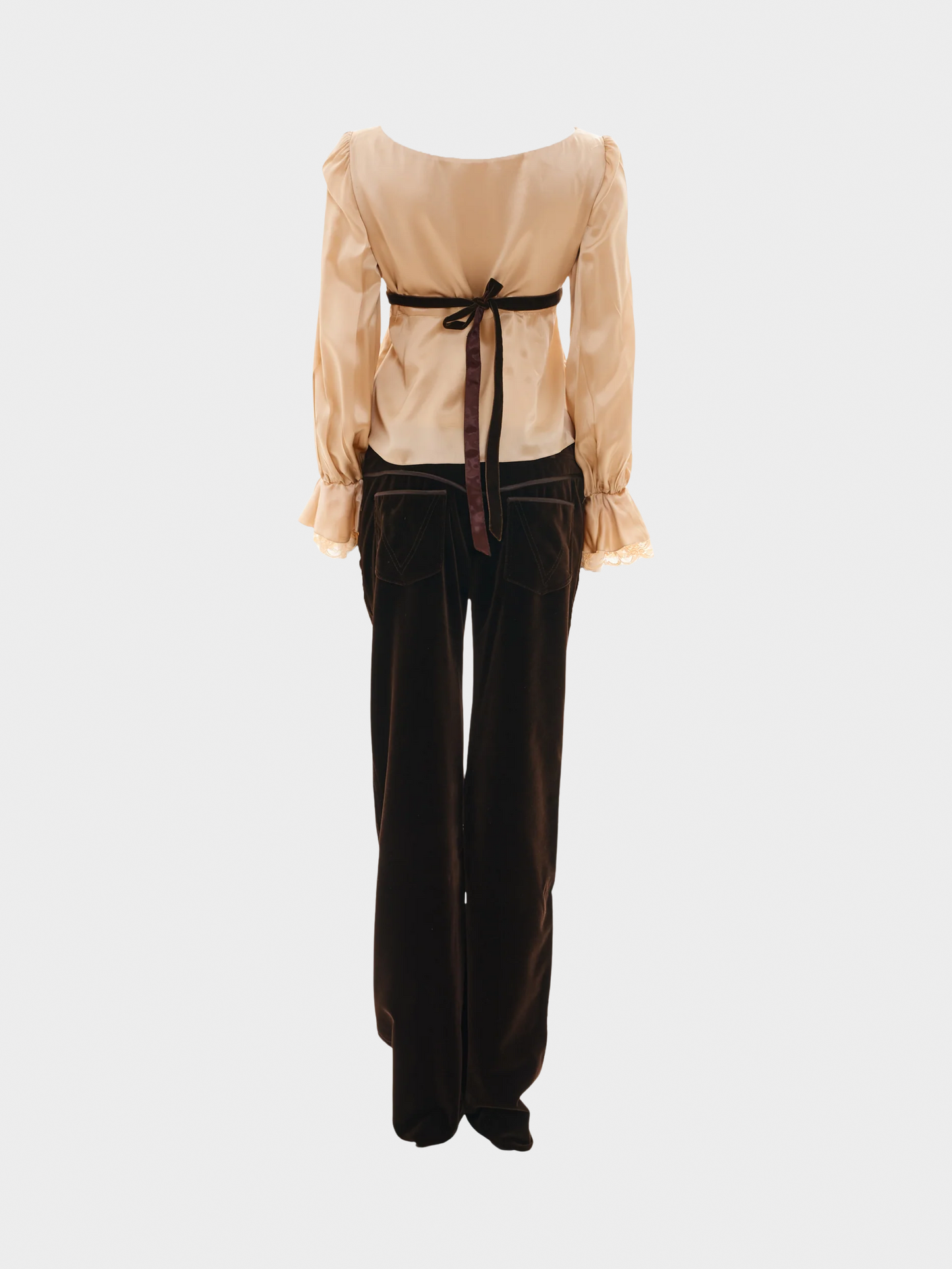 Valentino 2000s Cream Silk Top and Velvet Brown Trousers Set