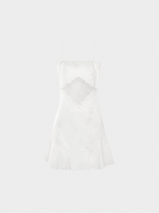 Valentino SS 2007 Runway Silk Embellished White Mini Dress with Lattice Cutout