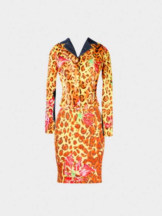 Versace Jeans Couture 2000s Leopard and Floral Print Blazer and Skirt Set