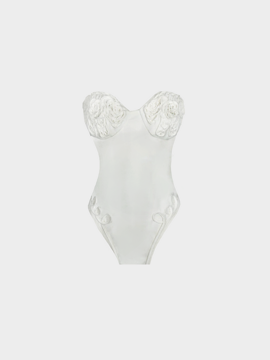 Versace 2000s White Floral Bustier Bodysuit Top