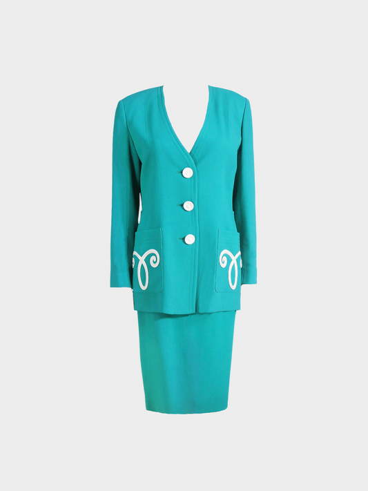 Yves Saint Laurent FW 1995 Bright Turquoise Blazer and Skirt Set
