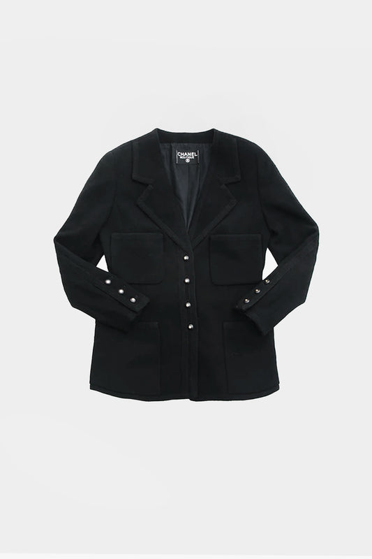 Chanel 1980s Black Tweed Front Pocket Jacket