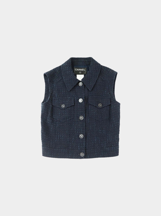 Chanel 2000 Navy Tweed Button Vest