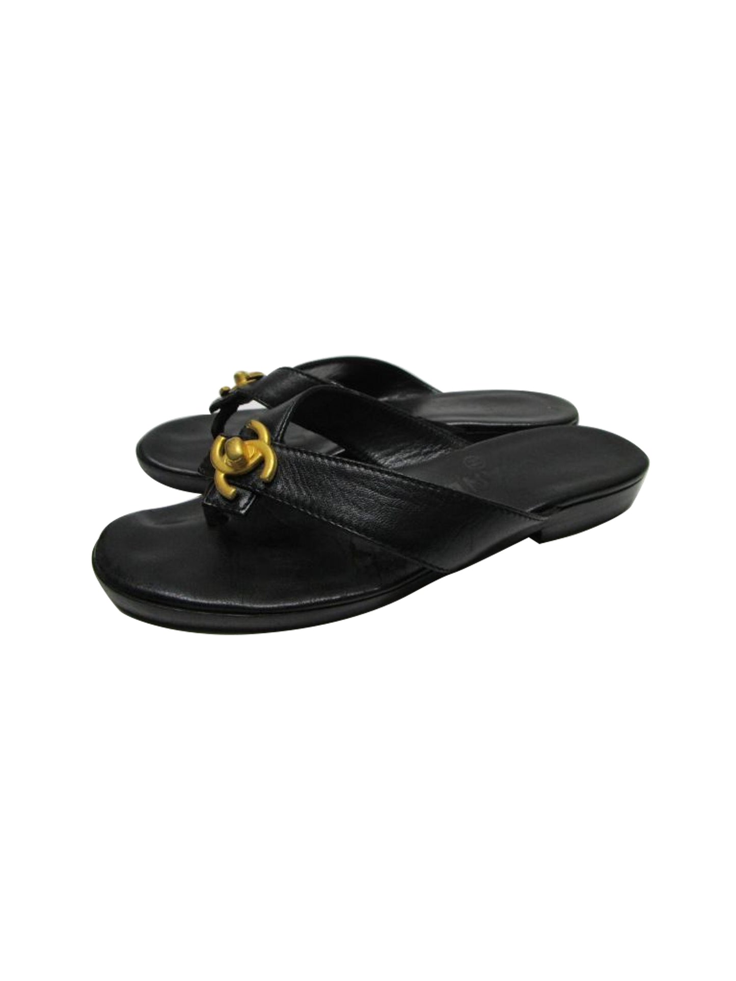 Chanel 2000s Black Leather Flip Flops