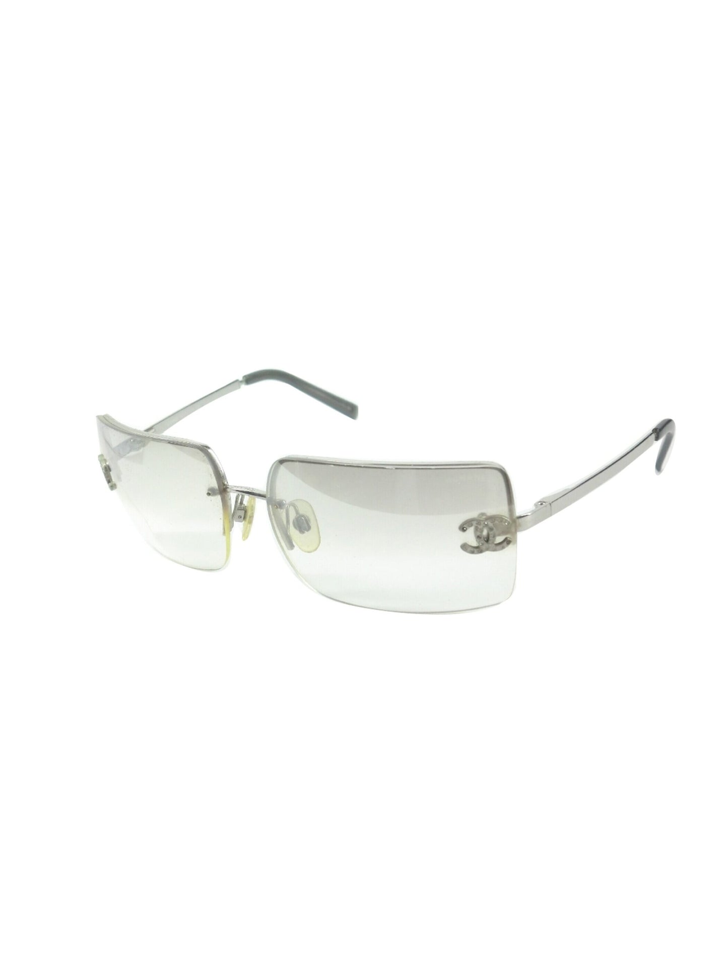Chanel 2000s CC Gray Rhinestone Rectangle Sunglasses