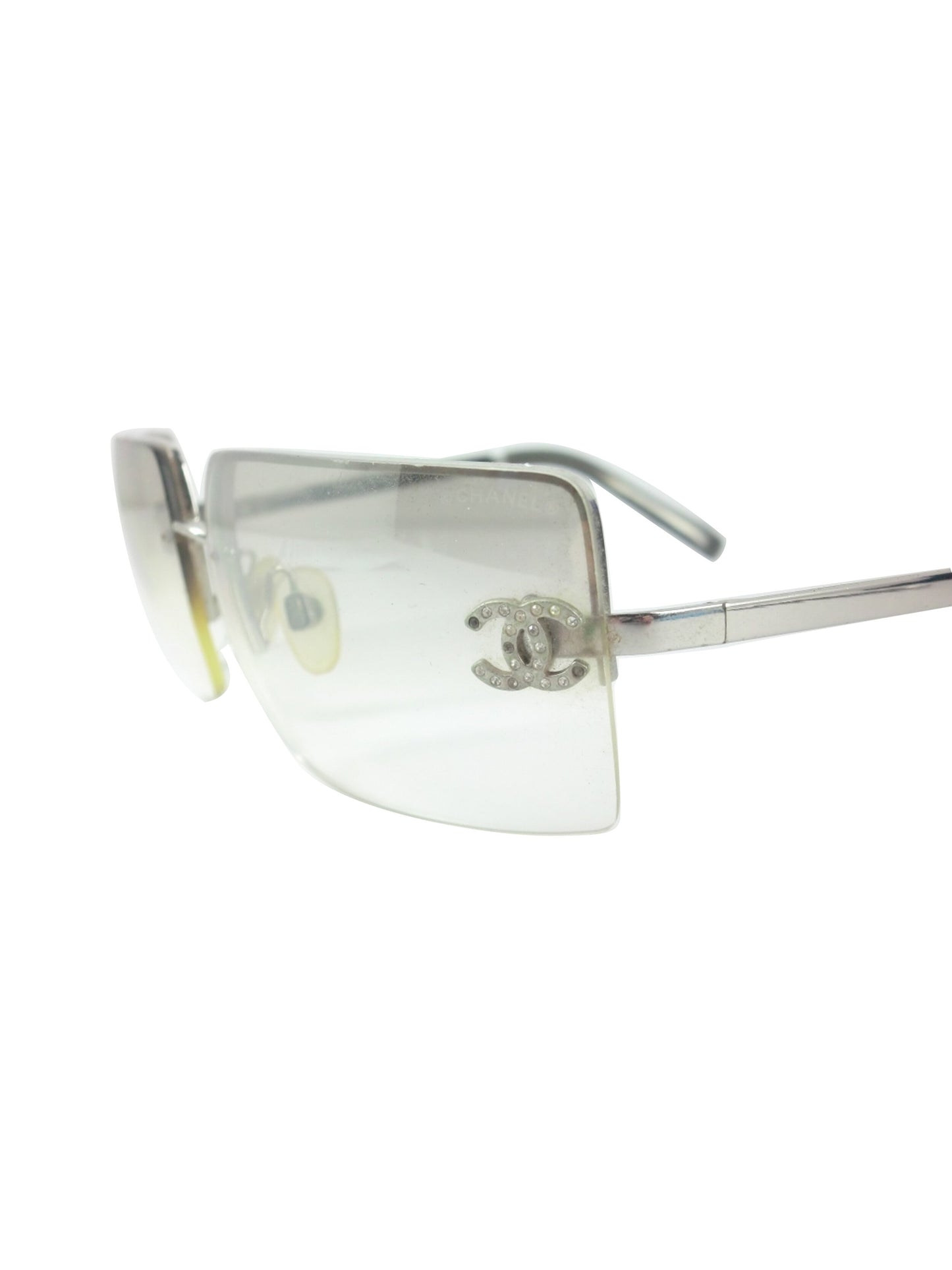 Chanel 2000s CC Gray Rhinestone Rectangle Sunglasses