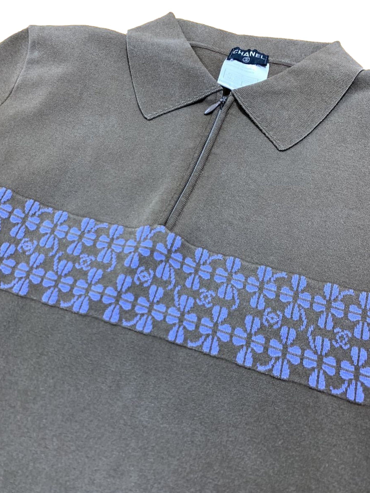 Chanel 2000s Grey Knit Clover CC Polo Shirt