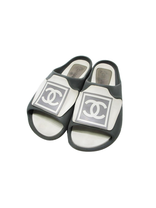 Chanel 2000s Rubber Grey and White Sports Slides