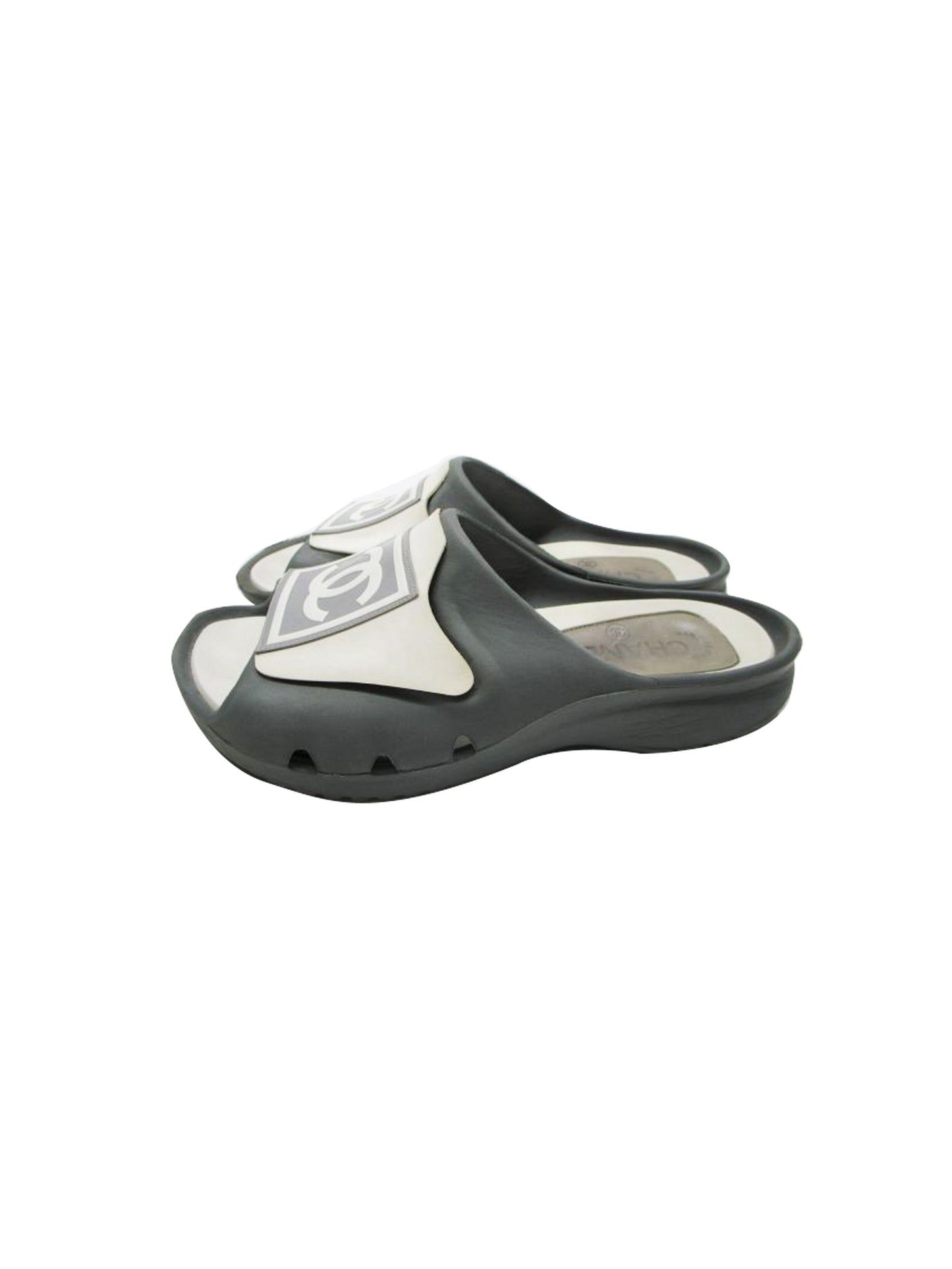Chanel 2000s Rubber Grey and White Sports Slides