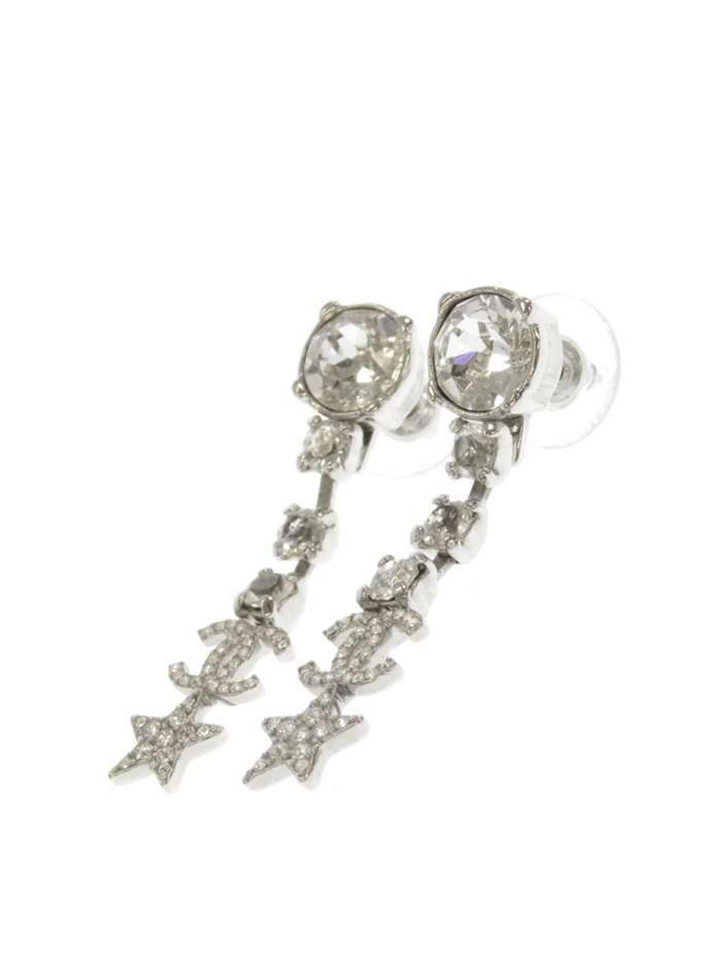 Chanel Star Silver Rhinestone Drop Earrings