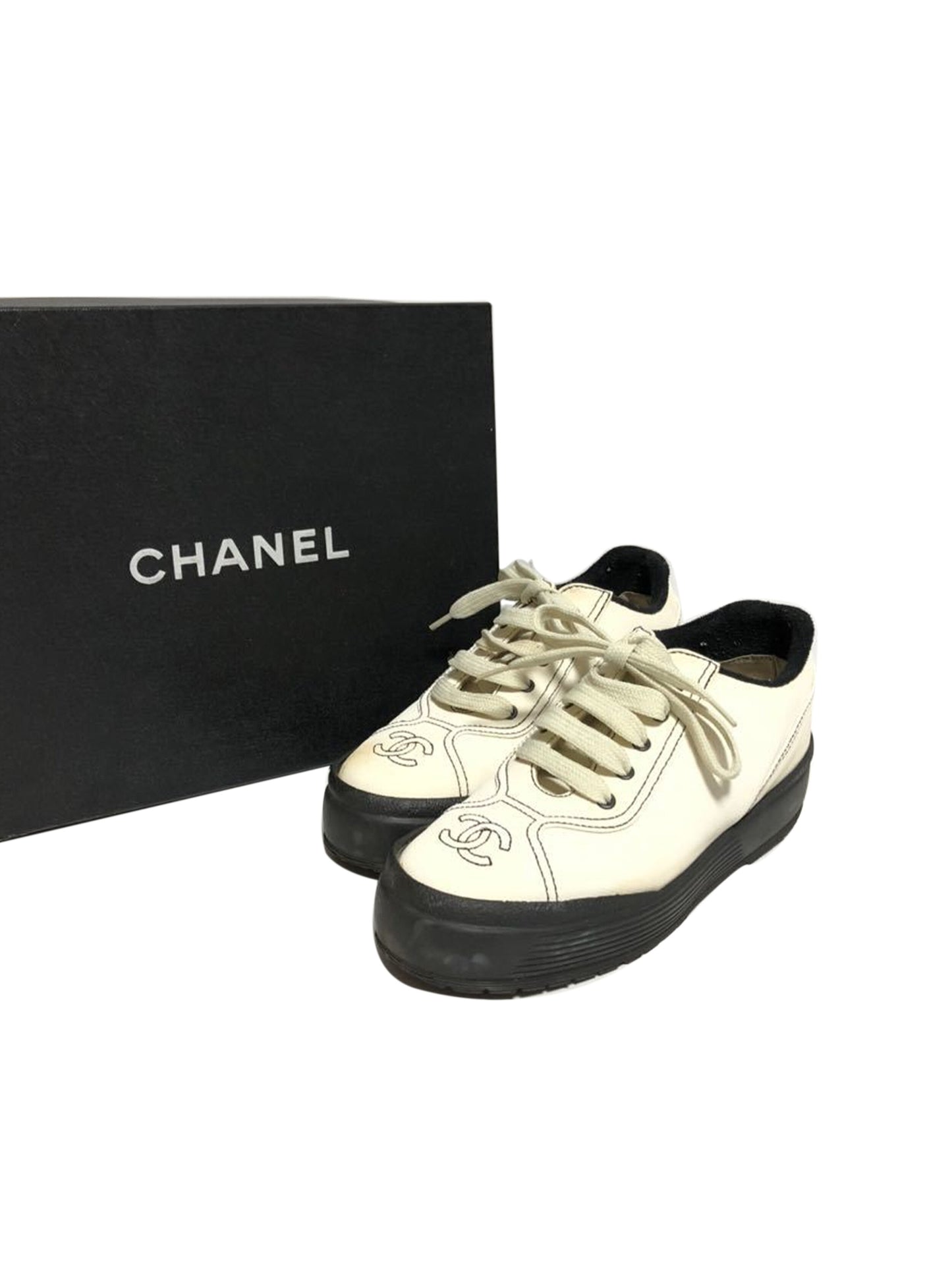 Chanel White Leather Platform Shoes