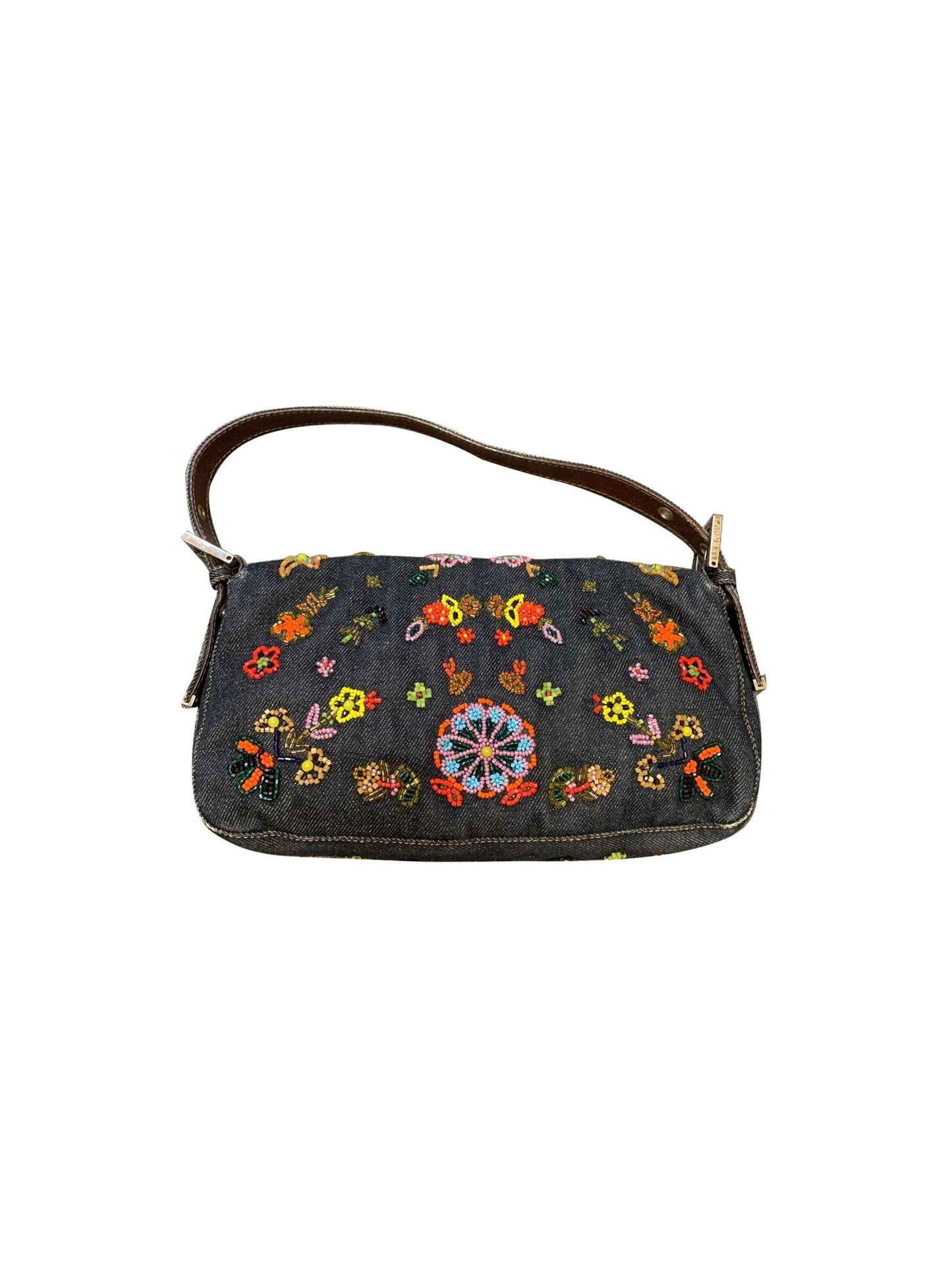 Fendi 2000s Rare Floral Beaded Denim Baguette