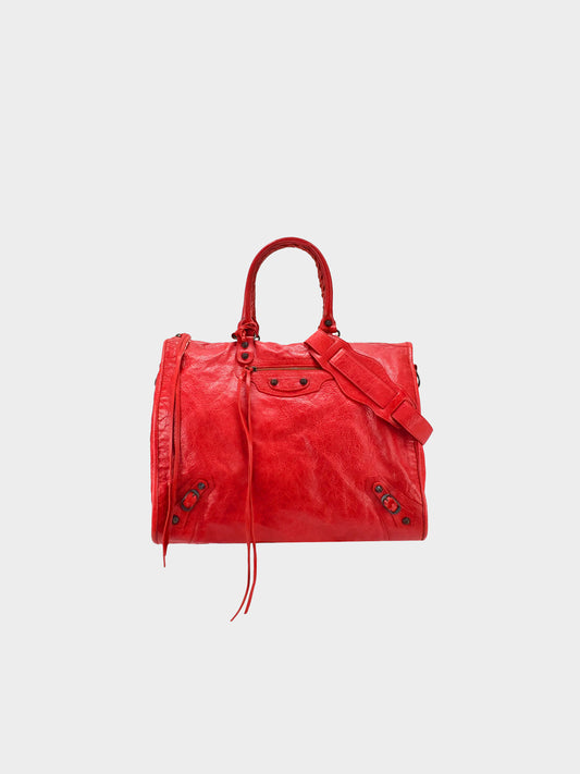 Balenciaga 2010s Red Moto Leather City Bag