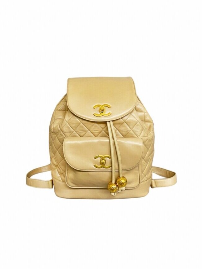 Chanel 1990s Rare Lambskin Beige CC Backpack