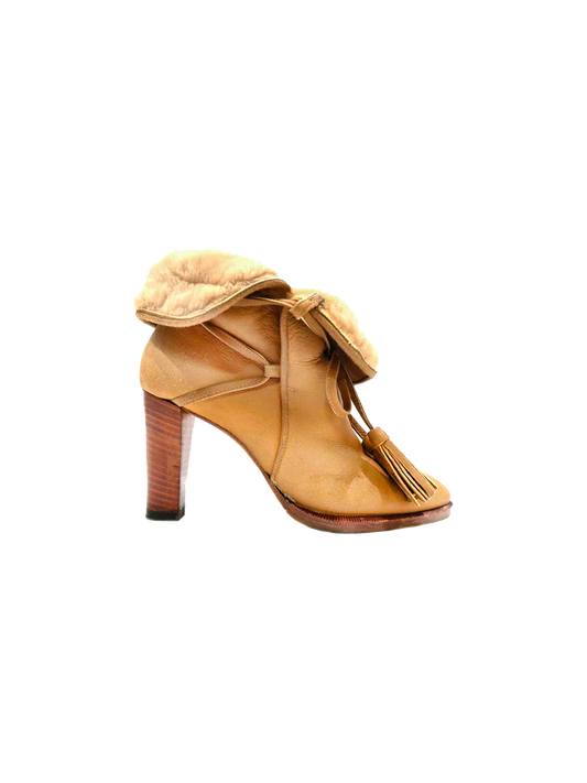 Chanel 2000s Brown Suede Fur Lined CC Heeled Boots