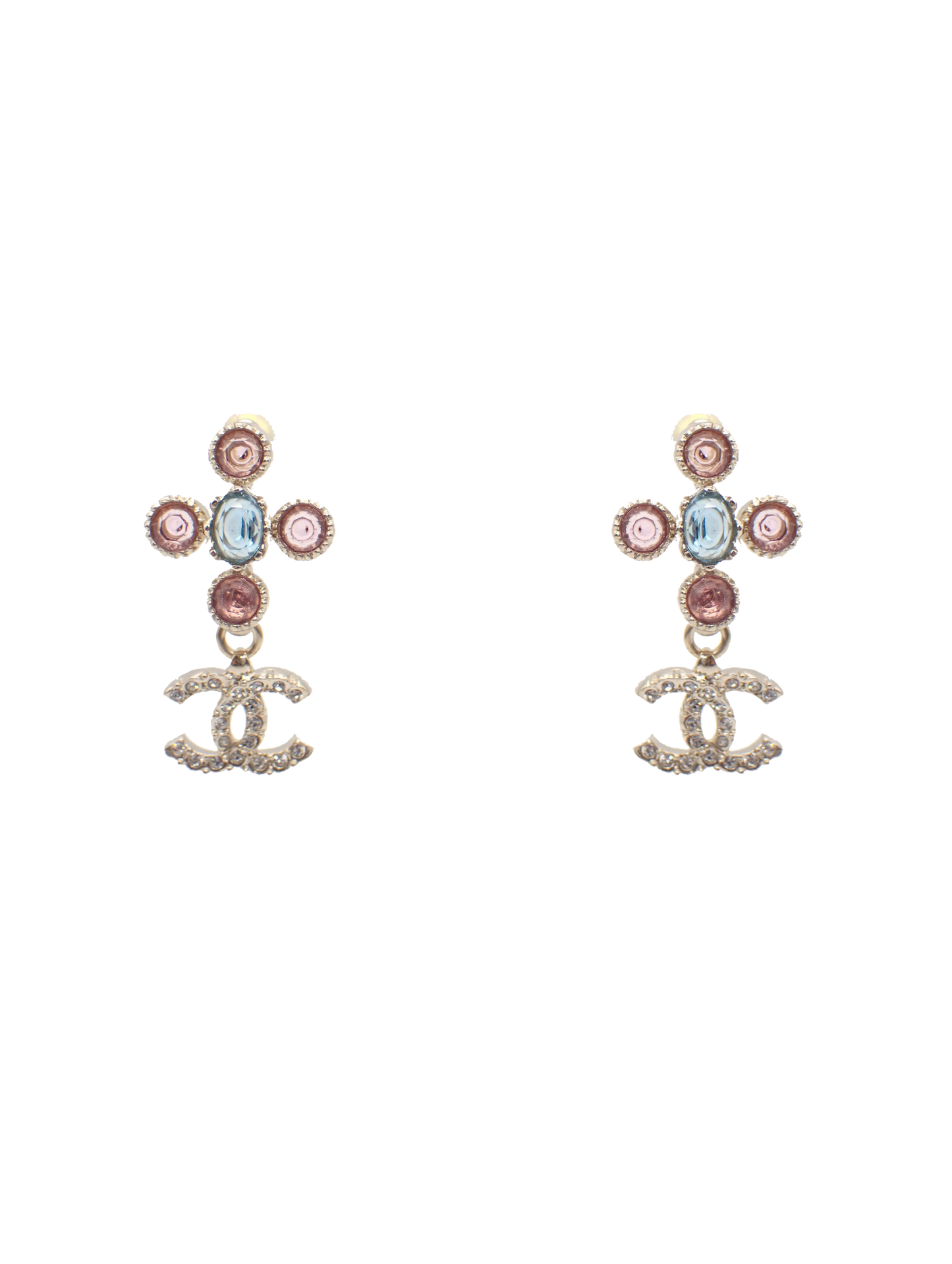 Chanel 2010 Pink and Blue Cross Crystal Logo Earring