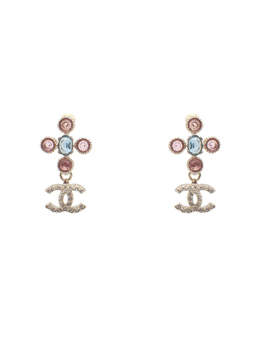 Chanel 2010 Pink and Blue Cross Crystal Logo Earring
