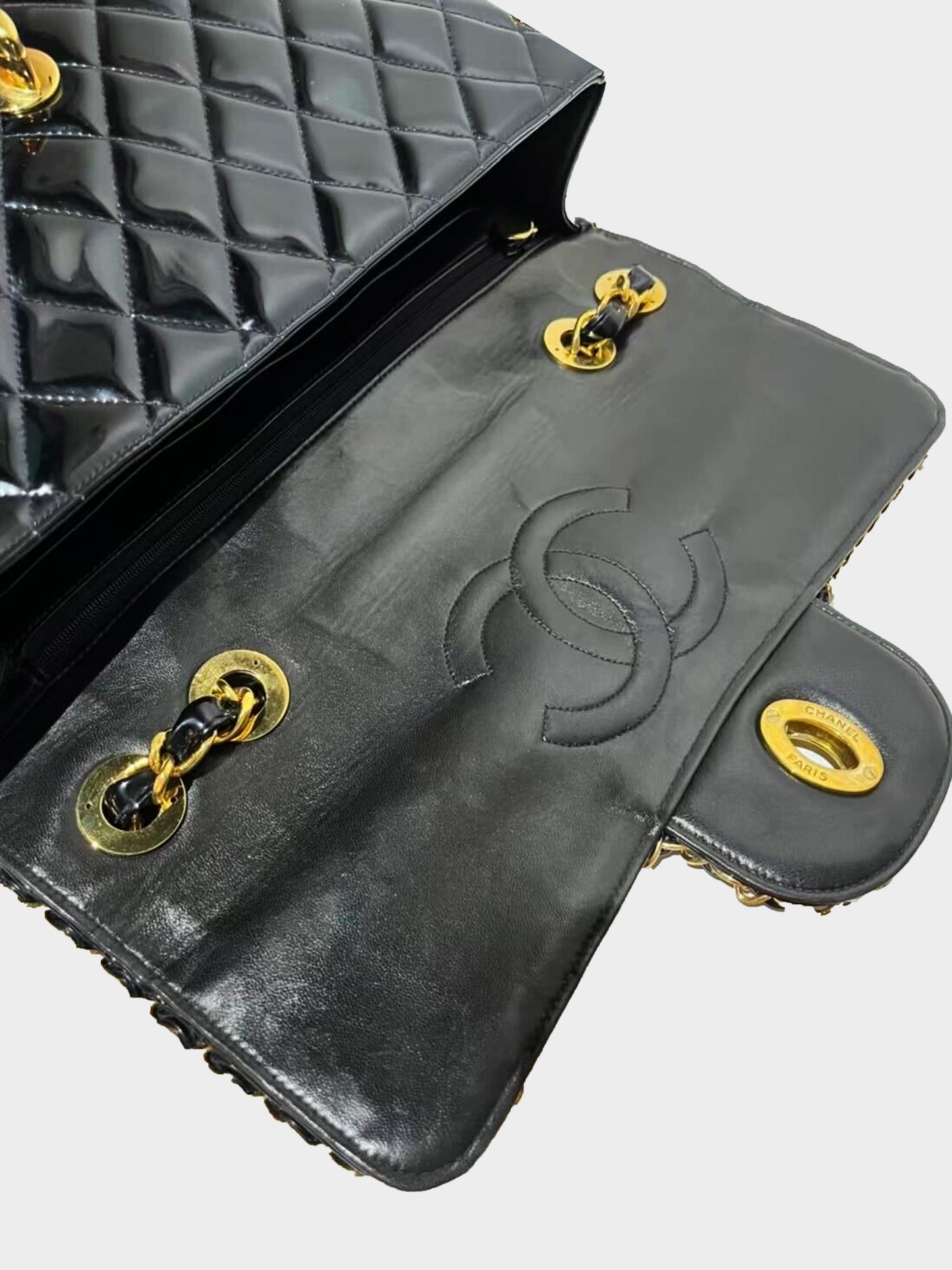 Chanel 1994 XL Patent Leather Gold Border Maxi Flap