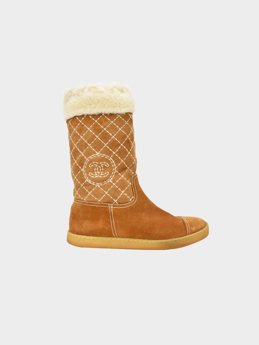 Chanel 2000s Shearling Logo Boots